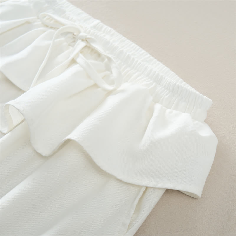 Spring Summer Casual Drawstring Elastic Waist Ruffled Solid Cropped Pants Women's Straight Leg Pants With Pockets