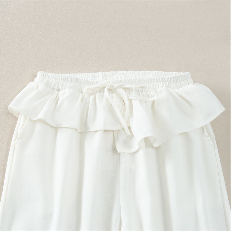 Spring Summer Casual Drawstring Elastic Waist Ruffled Solid Cropped Pants Women's Straight Leg Pants With Pockets