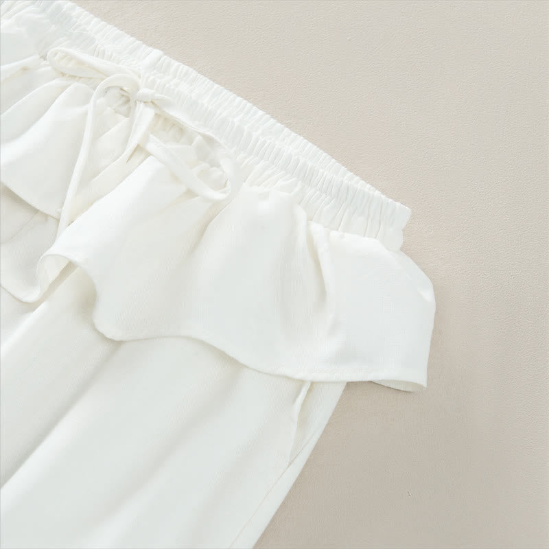 Spring Summer Casual Drawstring Elastic Waist Ruffled Solid Cropped Pants Women's Straight Leg Pants With Pockets