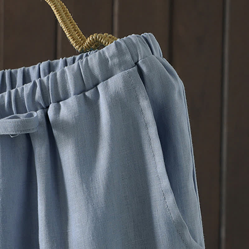 Summer Casual Minimalist Drawstring Solid Cotton Linen Ankle Pants Women's Straight Leg Pants With Pocket