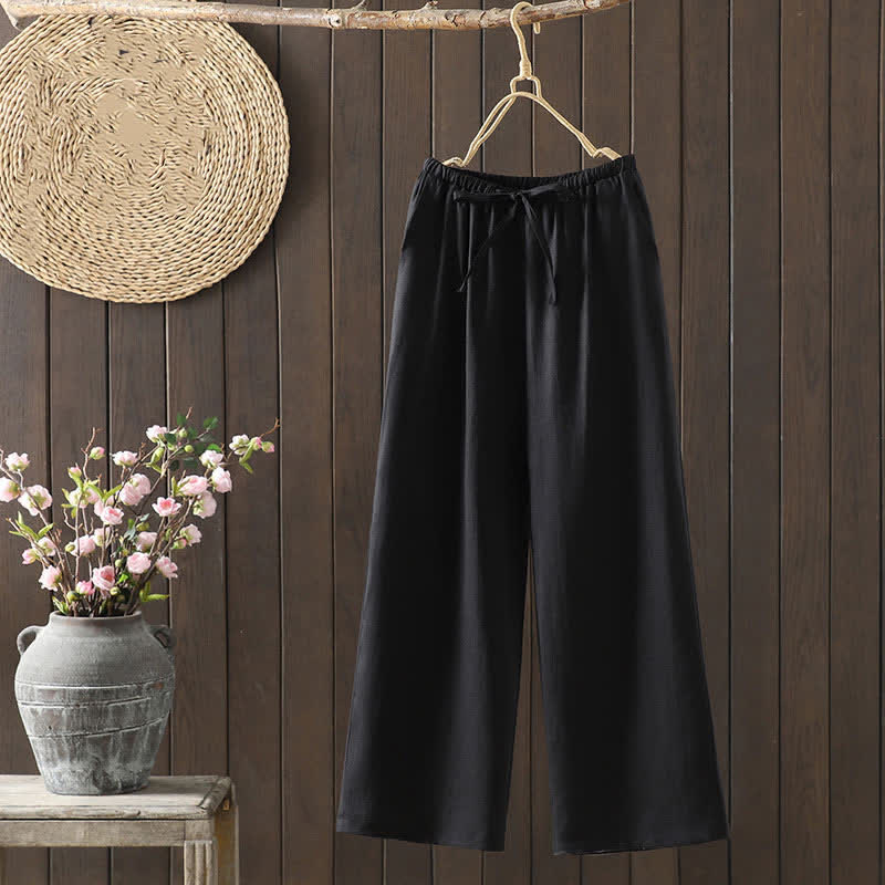 Summer Casual Minimalist Drawstring Solid Cotton Linen Ankle Pants Women's Straight Leg Pants With Pocket