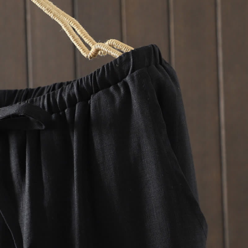 Summer Casual Minimalist Drawstring Solid Cotton Linen Ankle Pants Women's Straight Leg Pants With Pocket