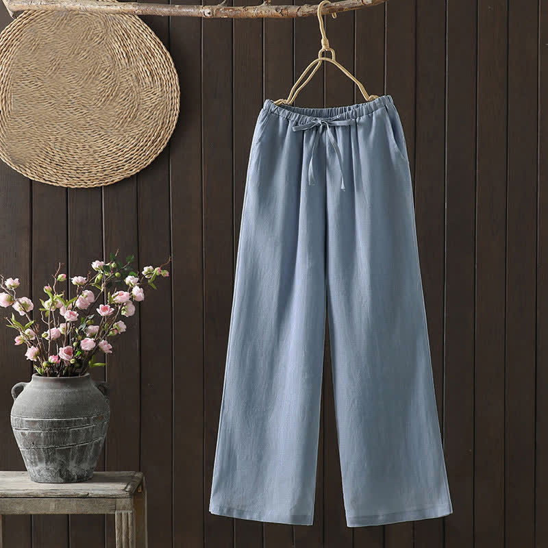 Summer Casual Minimalist Drawstring Solid Cotton Linen Ankle Pants Women's Straight Leg Pants With Pocket
