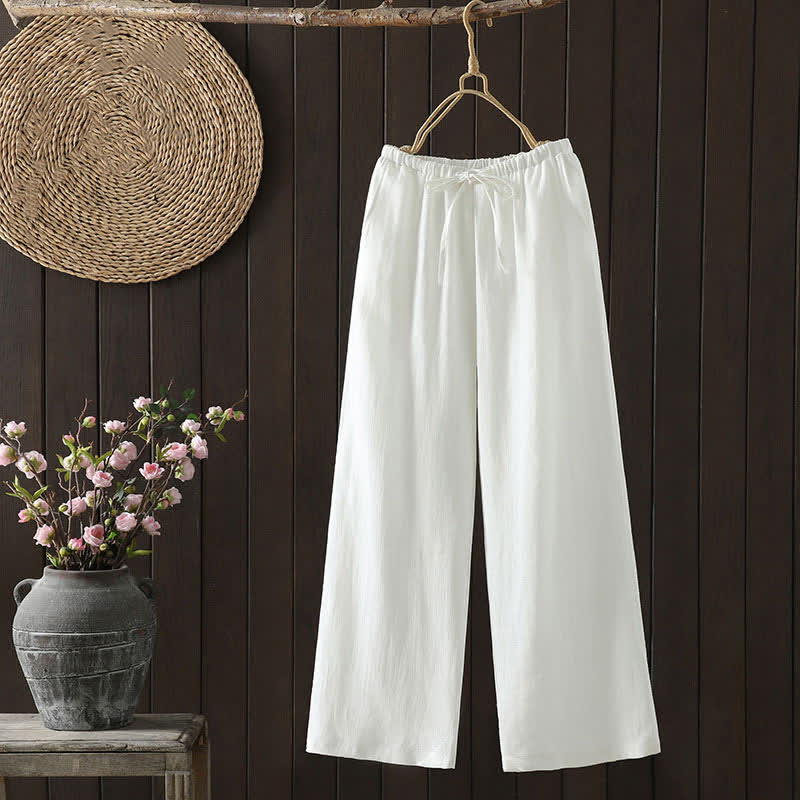 Summer Casual Minimalist Drawstring Solid Cotton Linen Ankle Pants Women's Straight Leg Pants With Pocket
