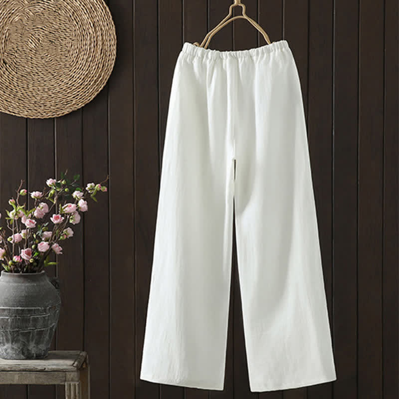 Summer Casual Minimalist Drawstring Solid Cotton Linen Ankle Pants Women's Straight Leg Pants With Pocket