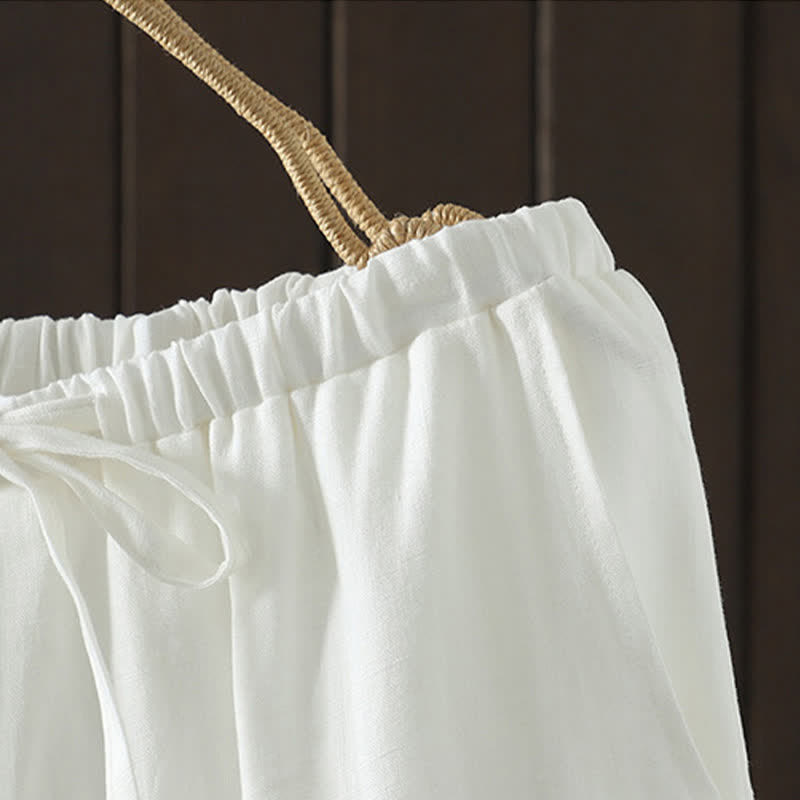 Summer Casual Minimalist Drawstring Solid Cotton Linen Ankle Pants Women's Straight Leg Pants With Pocket