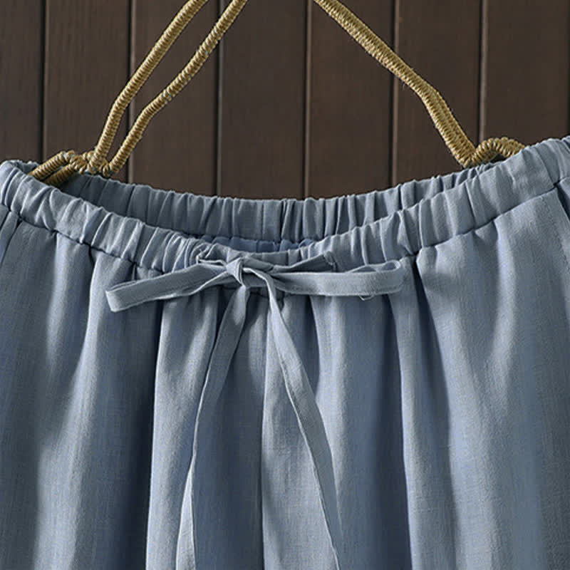 Summer Casual Minimalist Drawstring Solid Cotton Linen Ankle Pants Women's Straight Leg Pants With Pocket