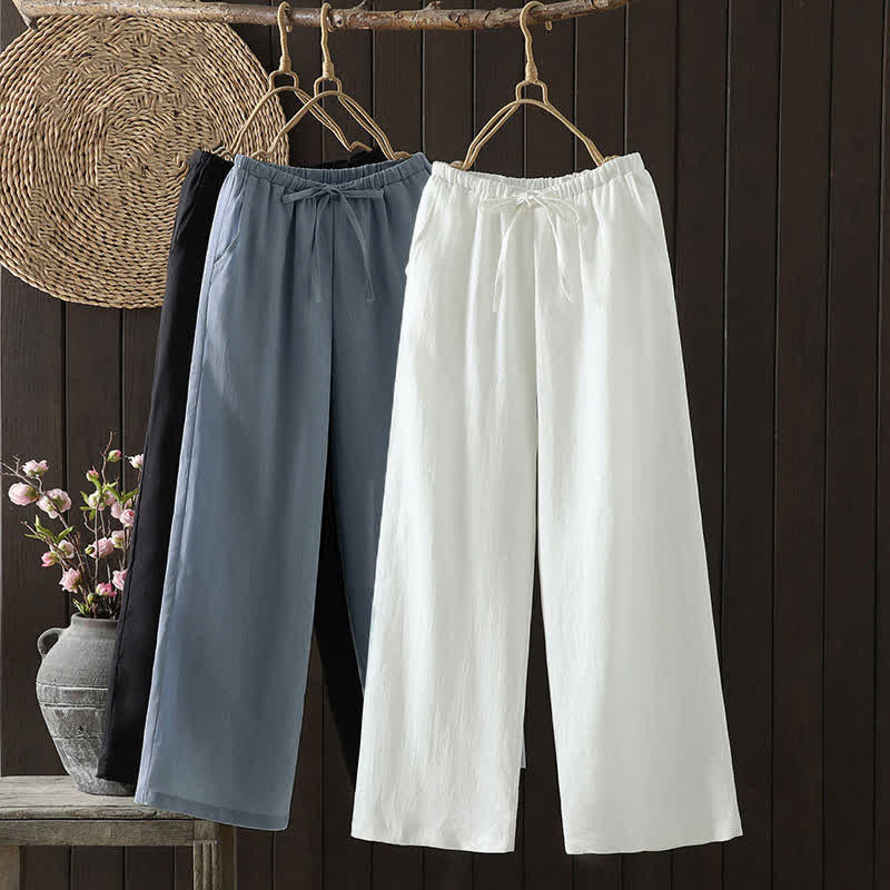 Summer Casual Minimalist Drawstring Solid Cotton Linen Ankle Pants Women's Straight Leg Pants With Pocket