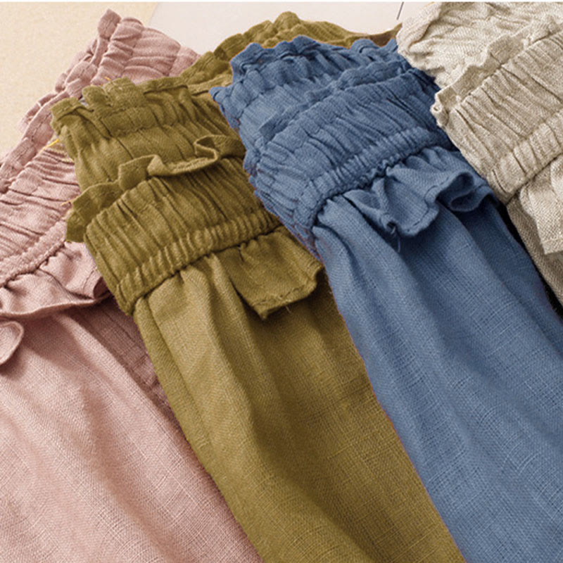 Summer Casual Minimalist Solid Ruffled Elastic Waist Cropped Pants Women's Straight Leg Pants With Pocket