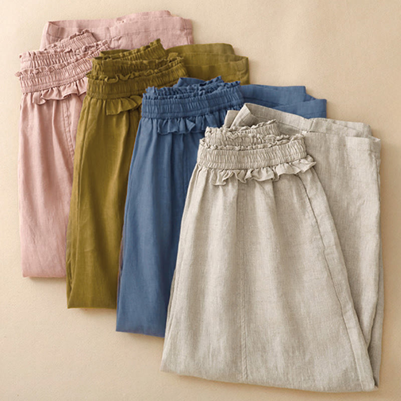 Summer Casual Minimalist Solid Ruffled Elastic Waist Cropped Pants Women's Straight Leg Pants With Pocket