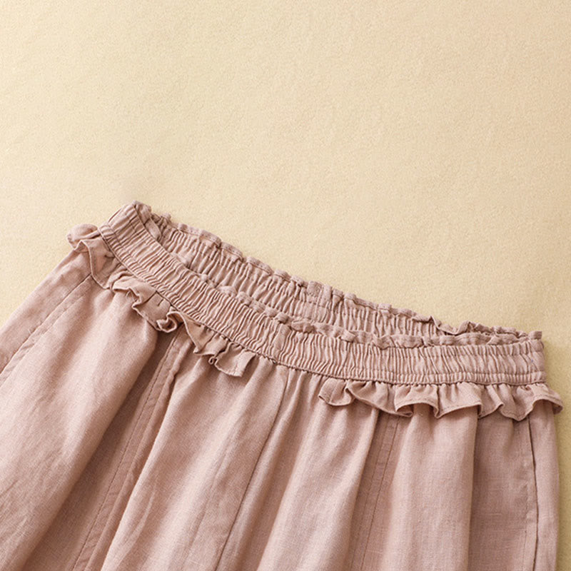 Summer Casual Minimalist Solid Ruffled Elastic Waist Cropped Pants Women's Straight Leg Pants With Pocket