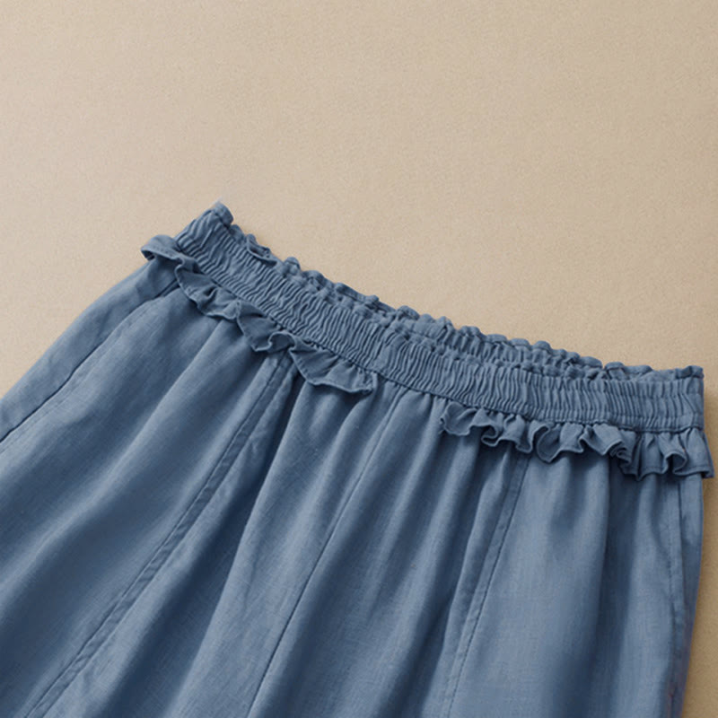 Summer Casual Minimalist Solid Ruffled Elastic Waist Cropped Pants Women's Straight Leg Pants With Pocket