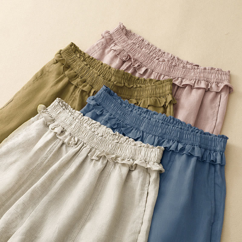 Summer Casual Minimalist Solid Ruffled Elastic Waist Cropped Pants Women's Straight Leg Pants With Pocket