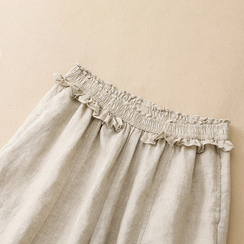 Summer Casual Minimalist Solid Ruffled Elastic Waist Cropped Pants Women's Straight Leg Pants With Pocket