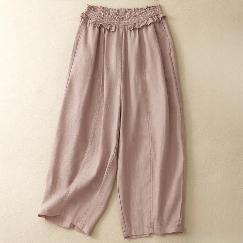 Summer Casual Minimalist Solid Ruffled Elastic Waist Cropped Pants Women's Straight Leg Pants With Pocket
