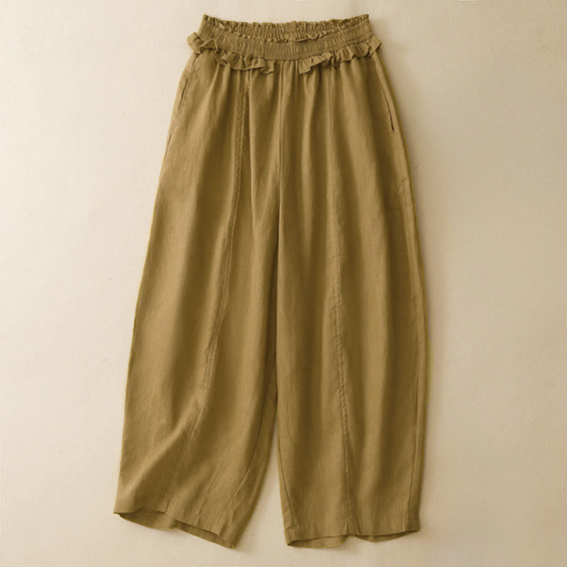 Summer Casual Minimalist Solid Ruffled Elastic Waist Cropped Pants Women's Straight Leg Pants With Pocket