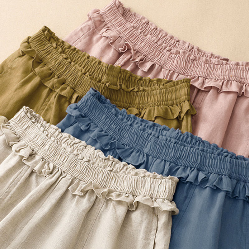 Summer Casual Minimalist Solid Ruffled Elastic Waist Cropped Pants Women's Straight Leg Pants With Pocket