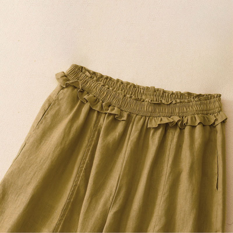 Summer Casual Minimalist Solid Ruffled Elastic Waist Cropped Pants Women's Straight Leg Pants With Pocket
