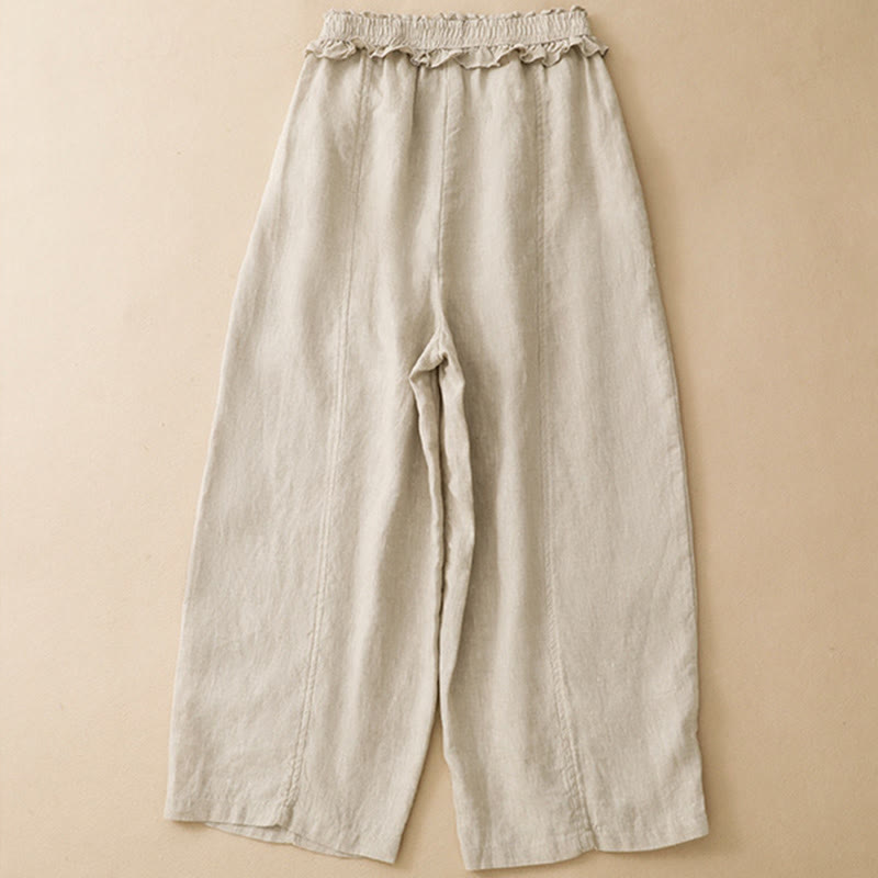 Summer Casual Minimalist Solid Ruffled Elastic Waist Cropped Pants Women's Straight Leg Pants With Pocket