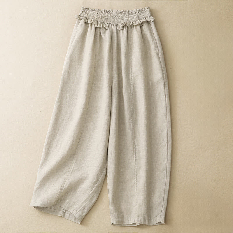 Summer Casual Minimalist Solid Ruffled Elastic Waist Cropped Pants Women's Straight Leg Pants With Pocket