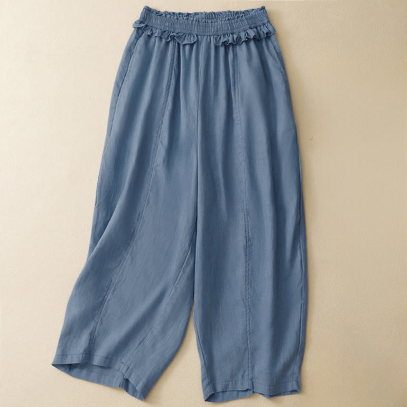 Summer Casual Minimalist Solid Ruffled Elastic Waist Cropped Pants Women's Straight Leg Pants With Pocket