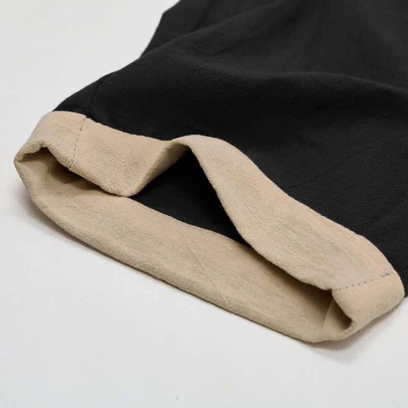 Minimal Contrast Trim Pattern Cotton Linen Women's Elastic Waist Pants With Pockets
