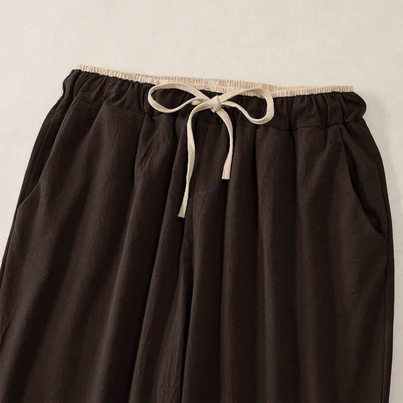 Minimal Contrast Trim Pattern Cotton Linen Women's Elastic Waist Pants With Pockets
