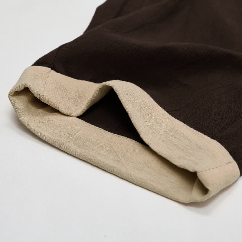 Minimal Contrast Trim Pattern Cotton Linen Women's Elastic Waist Pants With Pockets