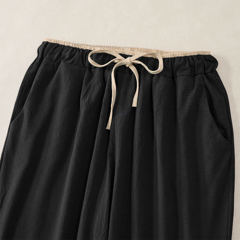Minimal Contrast Trim Pattern Cotton Linen Women's Elastic Waist Pants With Pockets