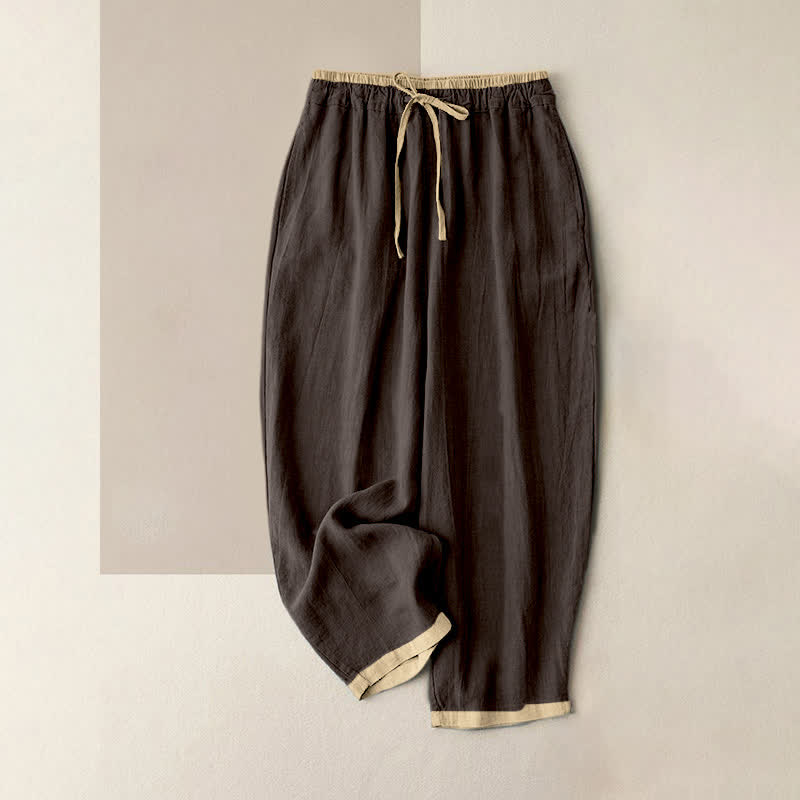 Minimal Contrast Trim Pattern Cotton Linen Women's Elastic Waist Pants With Pockets