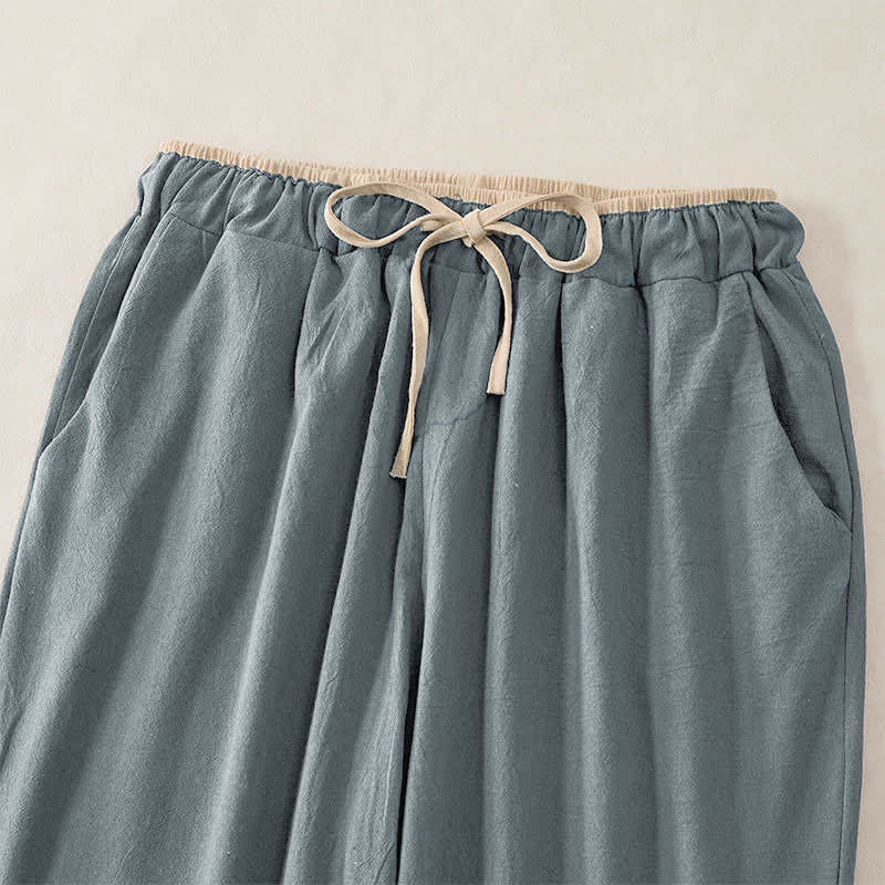 Minimal Contrast Trim Pattern Cotton Linen Women's Elastic Waist Pants With Pockets