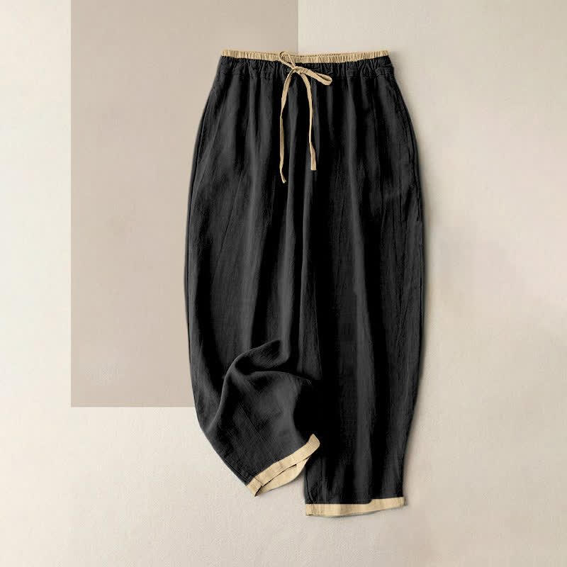 Minimal Contrast Trim Pattern Cotton Linen Women's Elastic Waist Pants With Pockets