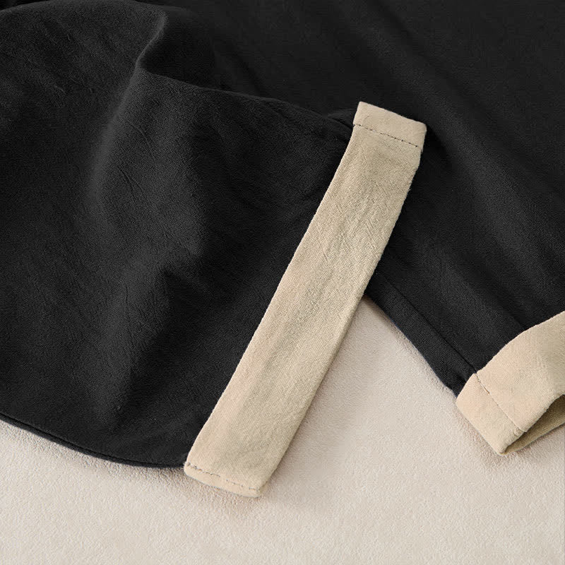 Minimal Contrast Trim Pattern Cotton Linen Women's Elastic Waist Pants With Pockets