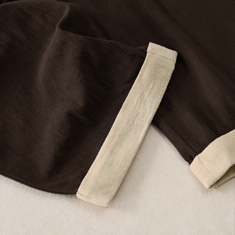 Minimal Contrast Trim Pattern Cotton Linen Women's Elastic Waist Pants With Pockets