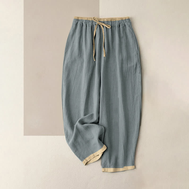 Minimal Contrast Trim Pattern Cotton Linen Women's Elastic Waist Pants With Pockets
