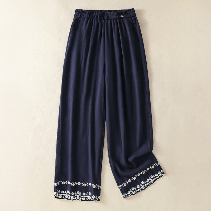 Summer Casual Vintage Embroidery Floral Cropped Pants Women's Straight Leg Pants With Pocket