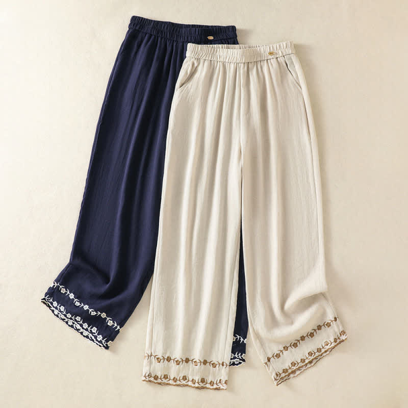 Summer Casual Vintage Embroidery Floral Cropped Pants Women's Straight Leg Pants With Pocket