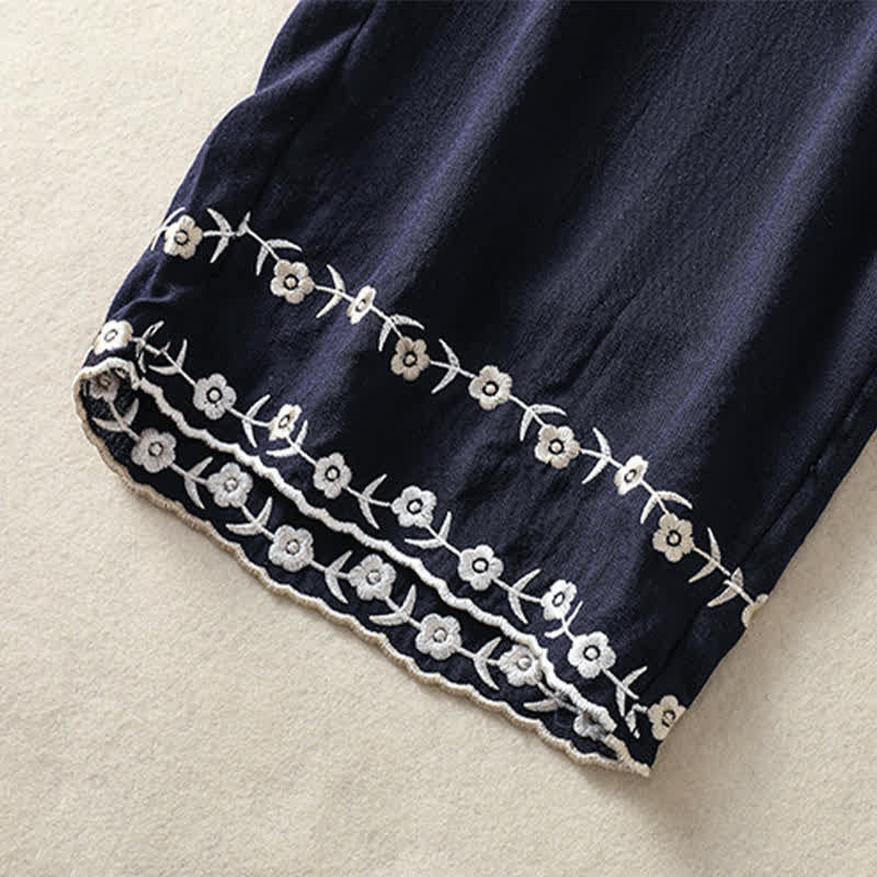 Summer Casual Vintage Embroidery Floral Cropped Pants Women's Straight Leg Pants With Pocket