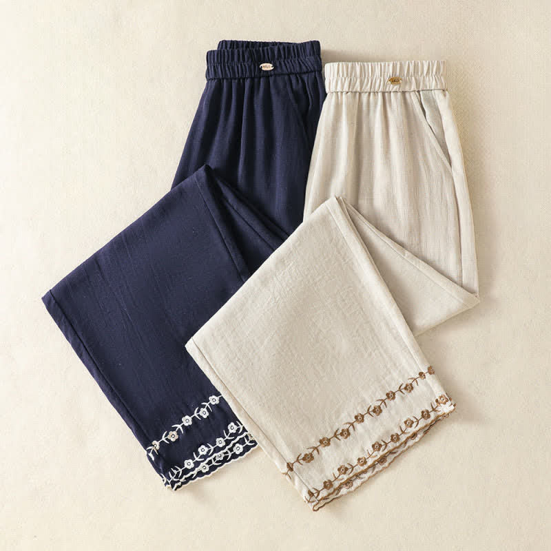 Summer Casual Vintage Embroidery Floral Cropped Pants Women's Straight Leg Pants With Pocket