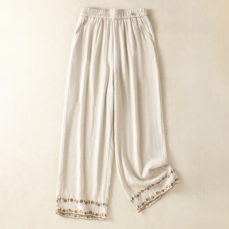 Summer Casual Vintage Embroidery Floral Cropped Pants Women's Straight Leg Pants With Pocket