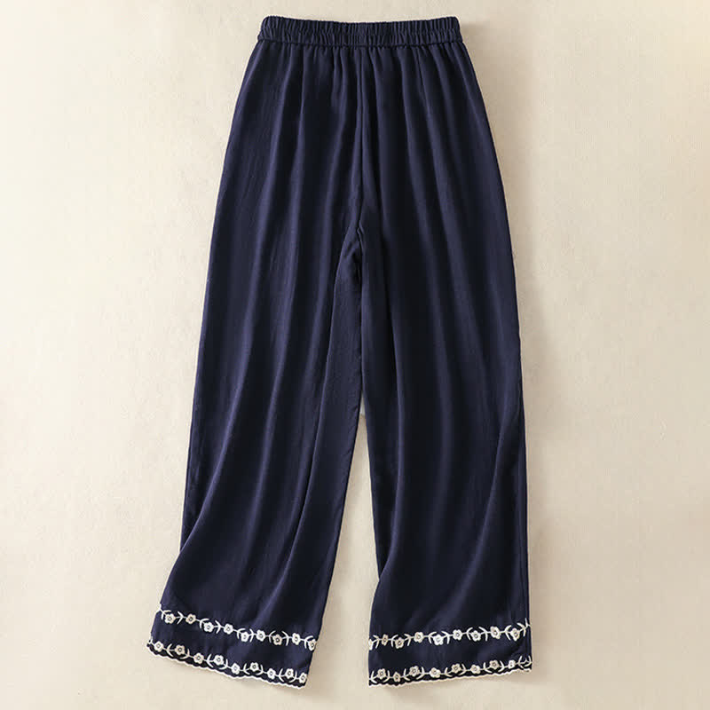 Summer Casual Vintage Embroidery Floral Cropped Pants Women's Straight Leg Pants With Pocket