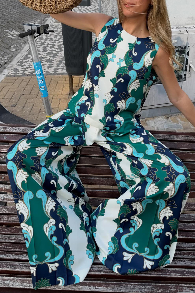 Women's Vintage Floral Print Sleeveless Crop Top & Wide Leg Pants