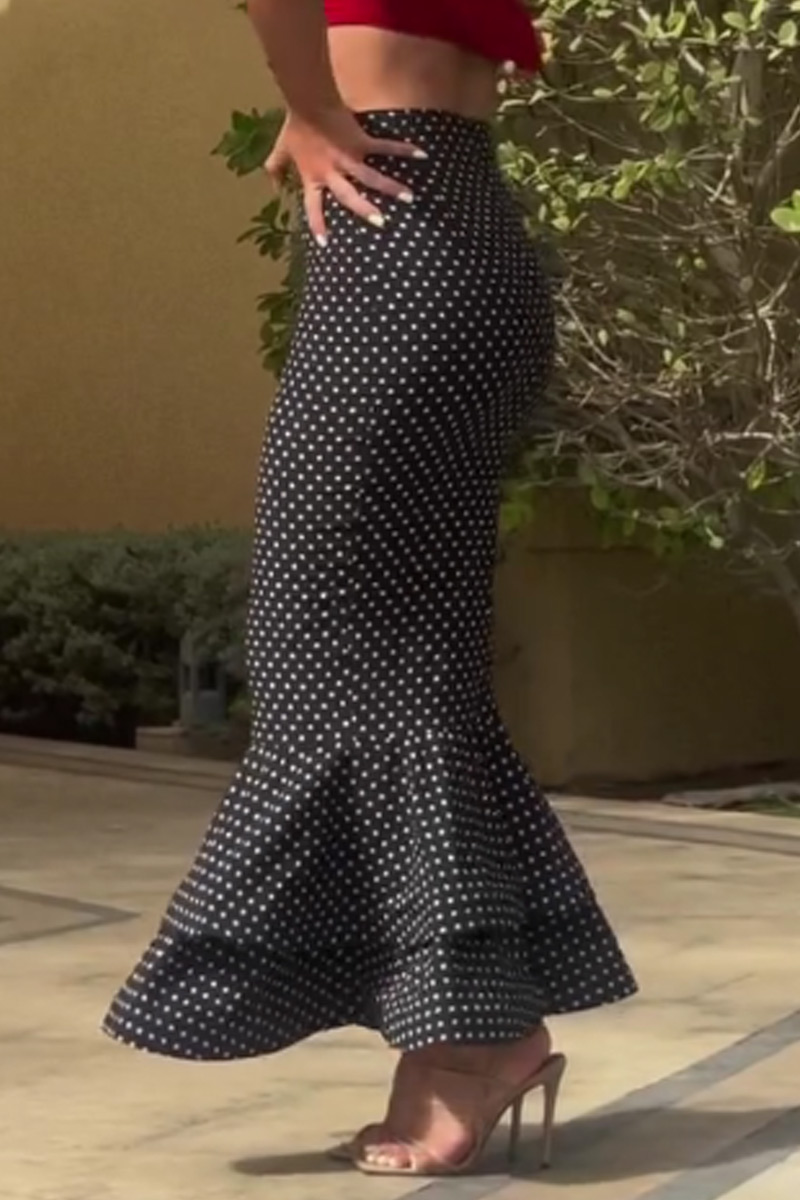 Women High Waist Polka Dot Ruched Mermaid Midi Skirt with Multi-Layer Ruffle Hem