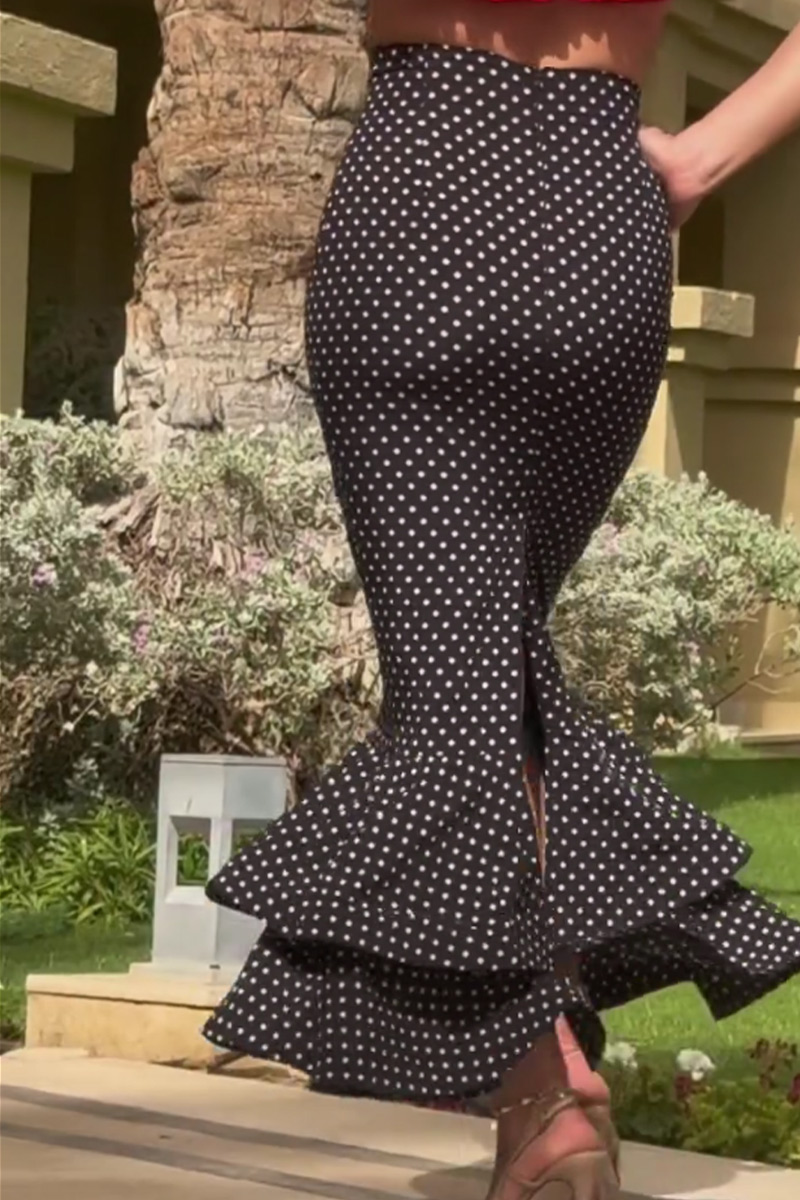 Women High Waist Polka Dot Ruched Mermaid Midi Skirt with Multi-Layer Ruffle Hem