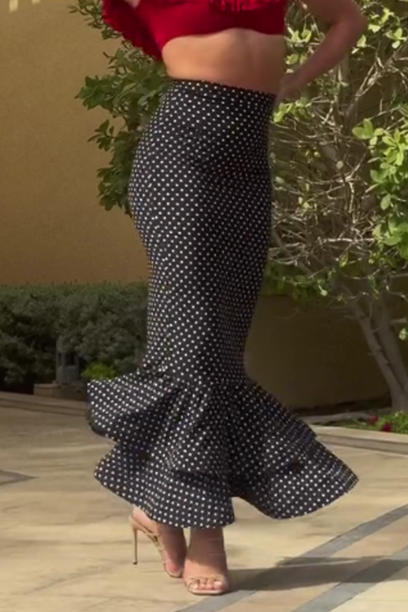 Women High Waist Polka Dot Ruched Mermaid Midi Skirt with Multi-Layer Ruffle Hem