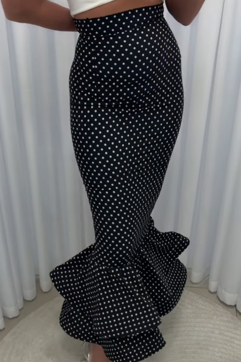 Women High Waist Polka Dot Ruched Mermaid Midi Skirt with Multi-Layer Ruffle Hem