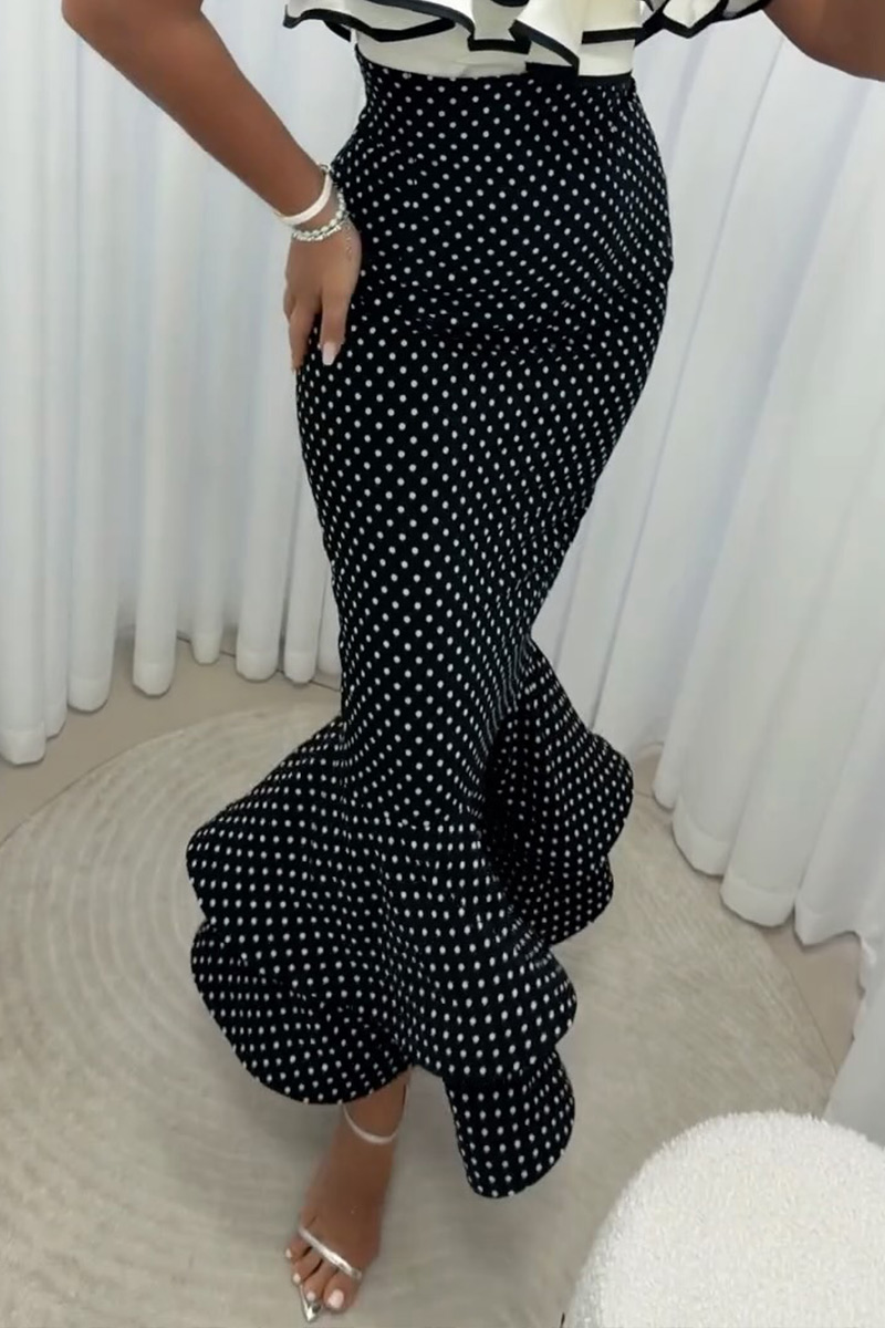 Women High Waist Polka Dot Ruched Mermaid Midi Skirt with Multi-Layer Ruffle Hem