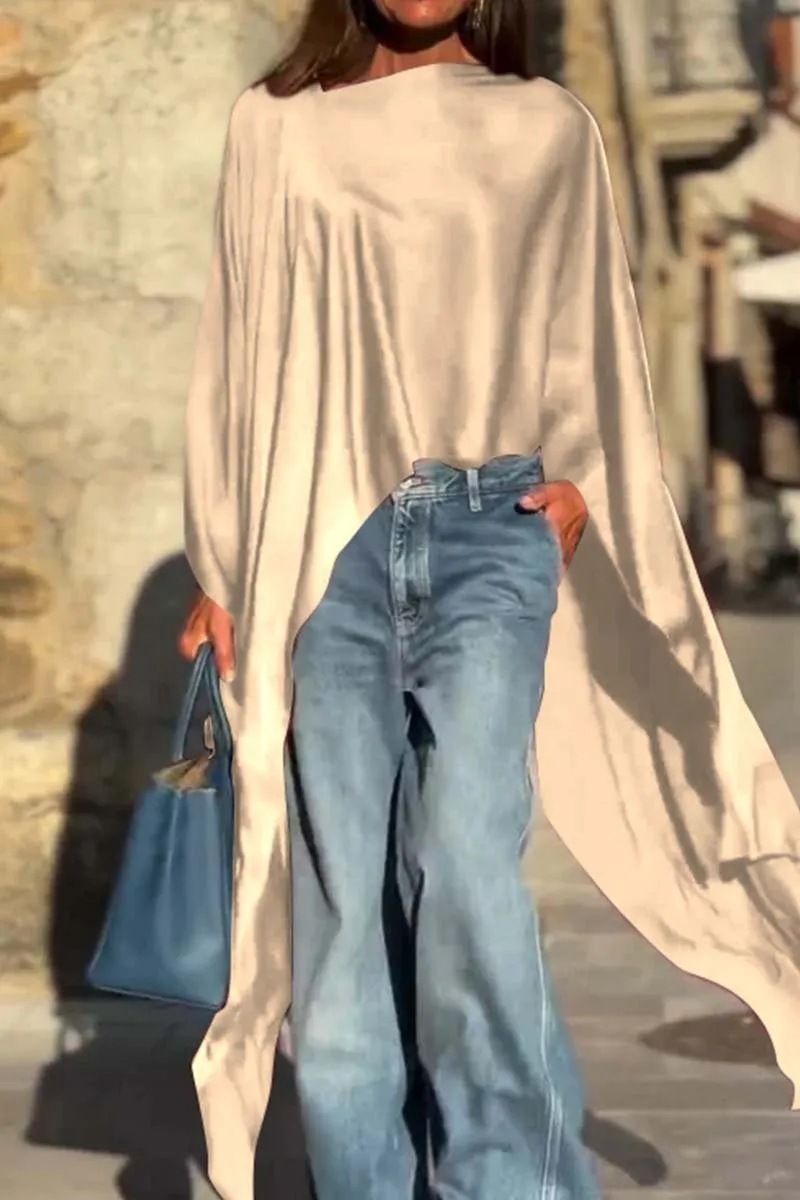 Women Round Neck Loose Irregular Satin Top