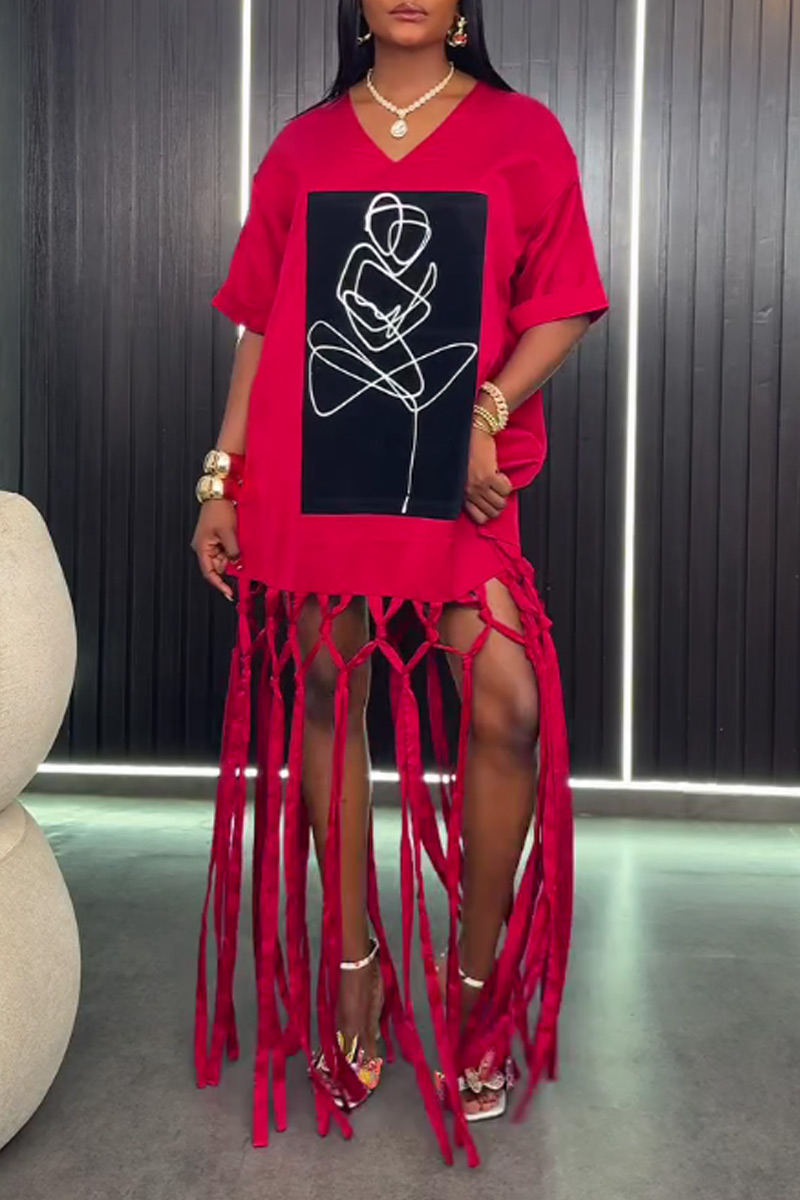 Women V Neck Abstract Line Figure Print Mesh Fringe Long T Shirt Dress