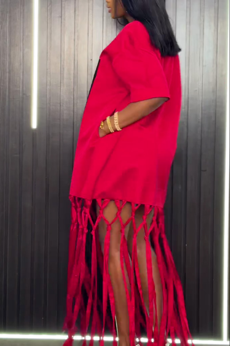 Women V Neck Abstract Line Figure Print Mesh Fringe Long T Shirt Dress